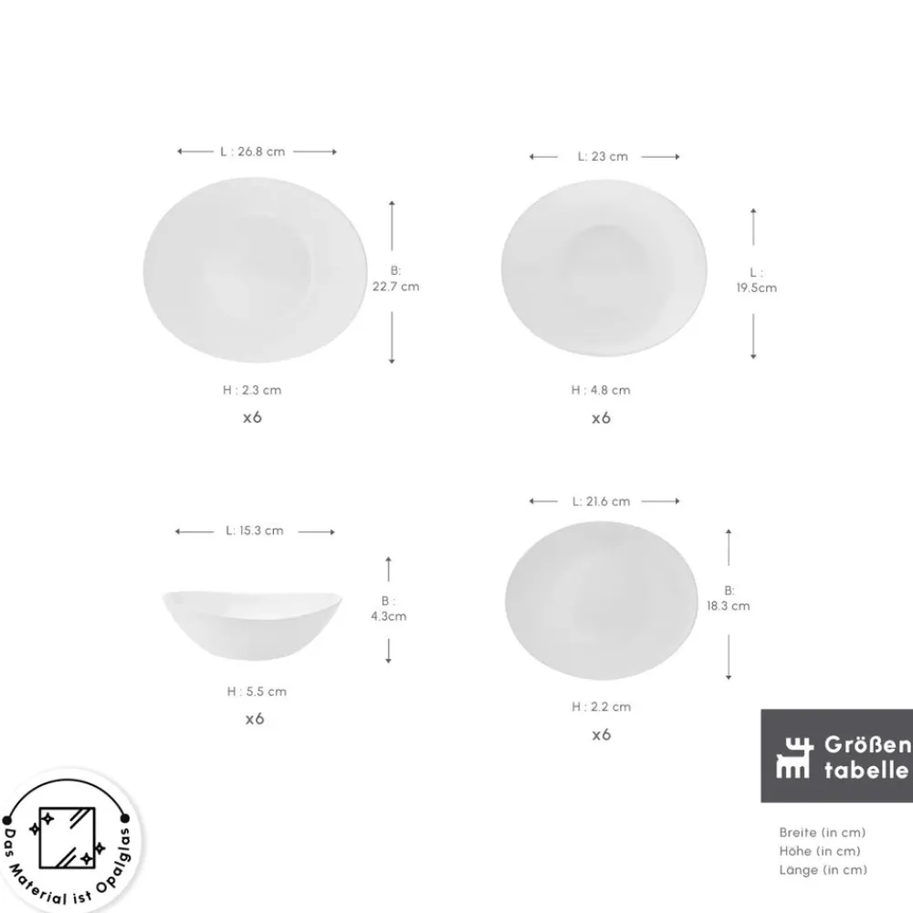 Karaca White Pure Opal Glas Tafelservice 24-teilig für 6 Personen Weıß01 Sale