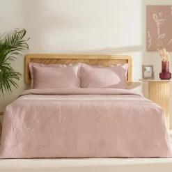 Karaca Leaf Bettüberwurf-Set Anthrazit 230x240 Cm + 2 (50x70 Cm) Puder Rosa New