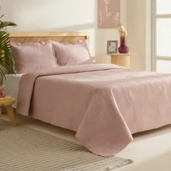 Karaca Leaf Bettüberwurf-Set Anthrazit 230x240 Cm + 2 (50x70 Cm) Puder Rosa New