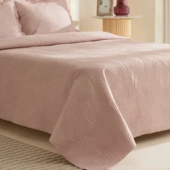 Karaca Leaf Bettüberwurf-Set Anthrazit 230x240 Cm + 2 (50x70 Cm) Puder Rosa New
