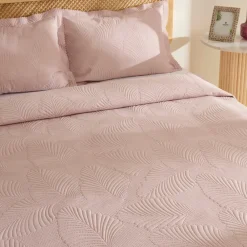 Karaca Leaf Bettüberwurf-Set Anthrazit 230x240 Cm + 2 (50x70 Cm) Puder Rosa New