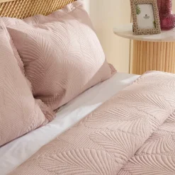 Karaca Leaf Bettüberwurf-Set Anthrazit 230x240 Cm + 2 (50x70 Cm) Puder Rosa New